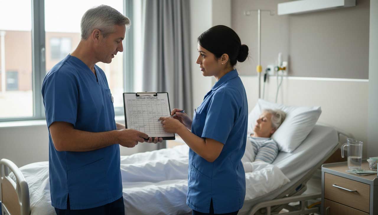 Clinical team discussing a patient repositioning plan at a bedside with a turning schedule chart and non identifiable notes