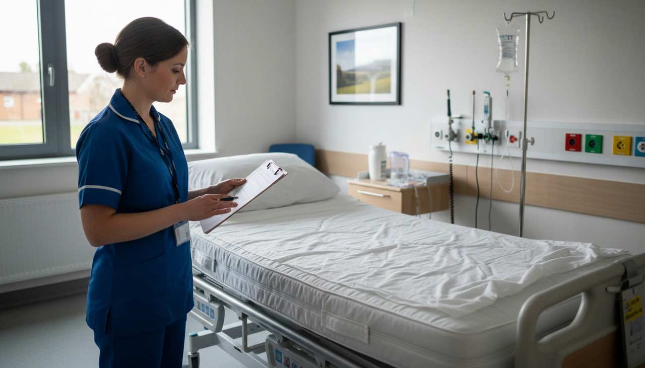 Nurse reviewing a care plan and risk assessment paperwork beside a hospital bed with pressure relieving mattress visible